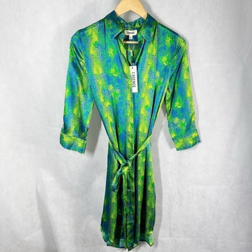 L’AGENCE Madison Shirt Mini Silk Satin Dress size XS Amazon Green